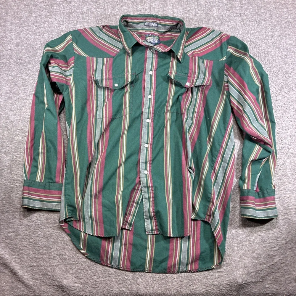 Salmon River Traders Western Shirt Mens XL Green Vintage Striped Pearl Snap - Picture 2 of 8